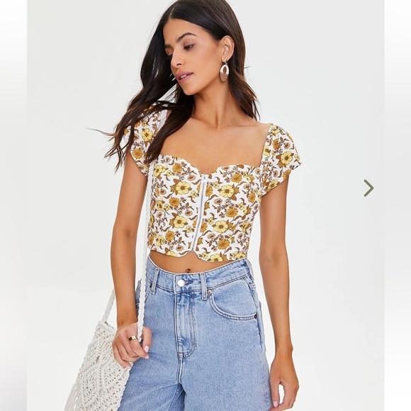 Forever 21 Yellow White Retro Floral Linen Blend Zip Crop Top- Size Large - Picture 2 of 16